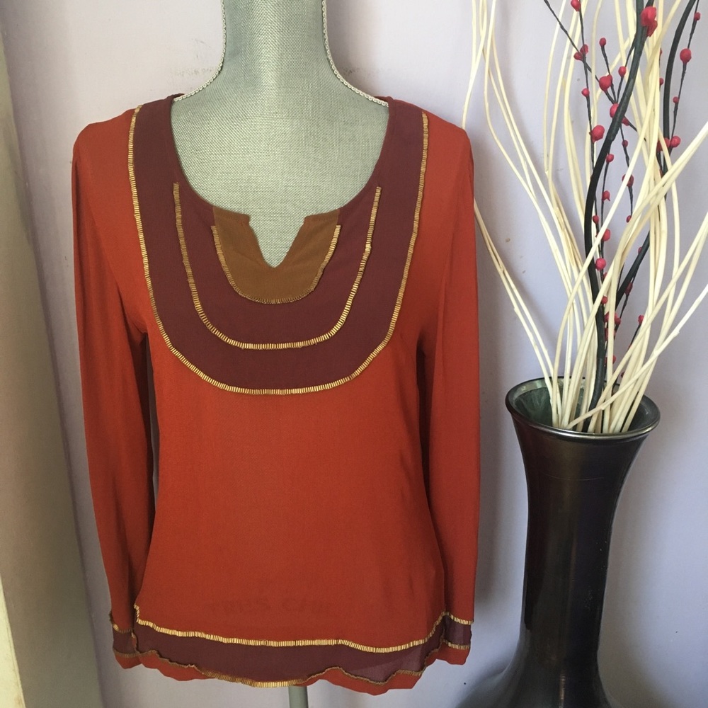 Lucky Brand Orange & Purple Sheer Beaded Blouse